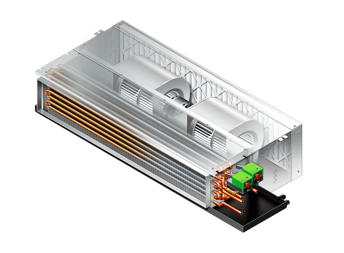 Cutaway of a Williams IntelliFlow fan coil unit showing the coil, blower assembly and TRACvalve